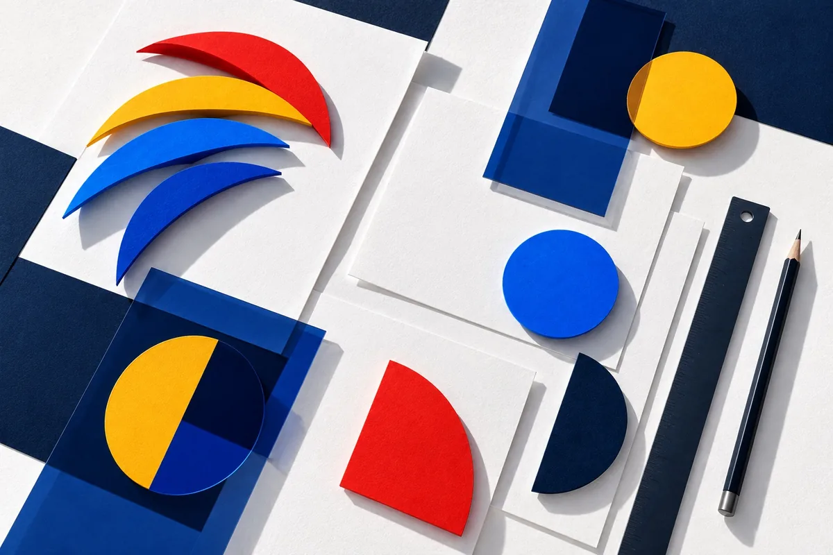 Composición de papeles y formas geométricas con los colores de Makaw